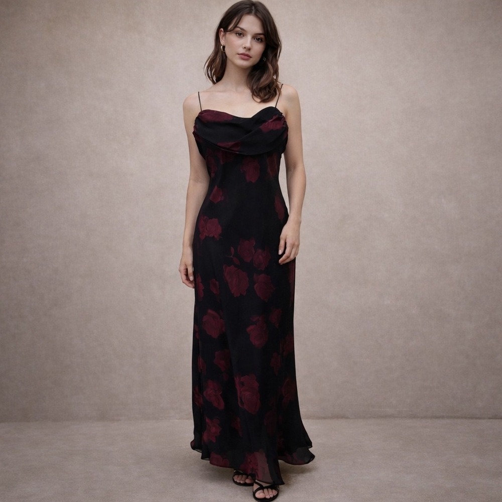 Betsy & Adam Vintage Floral Maxi Dress Black Red‎ Rose Y2K Prom Whimsygoth 14
